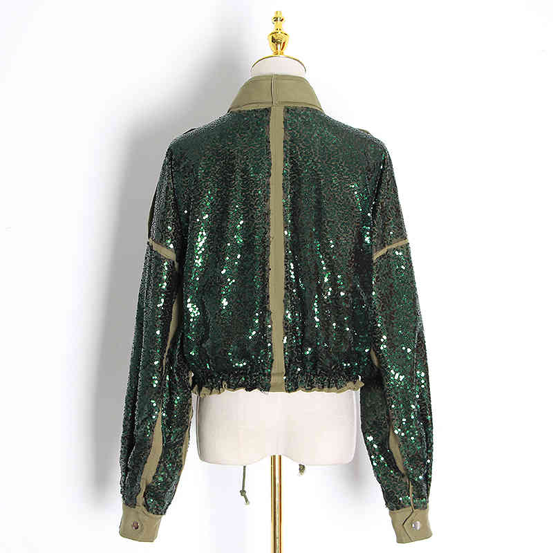 Patchwork Sequin Jackets For Women Turtleneck Long Sleeve Drawstring Coats Female Autumn Fashion Clothes 210524