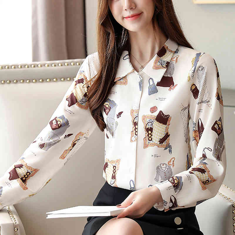 Korean Styele Women Blouses and Tops Blusas Mujer Chiffon Blouse Print Button Long Sleeve Shirts for 7129 50 210506