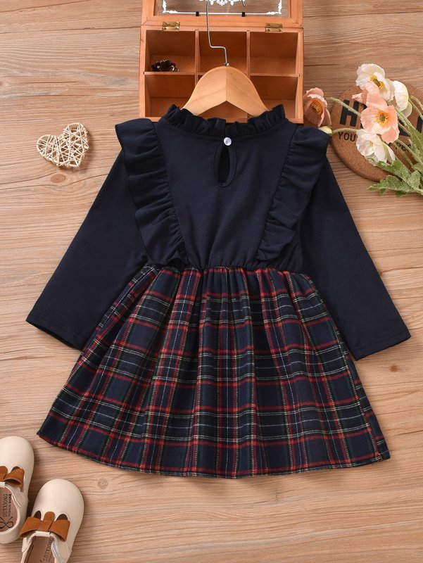 Toddler Girls Tartan Bow Front Ruffle Trim Frilled Neck Dress SHE