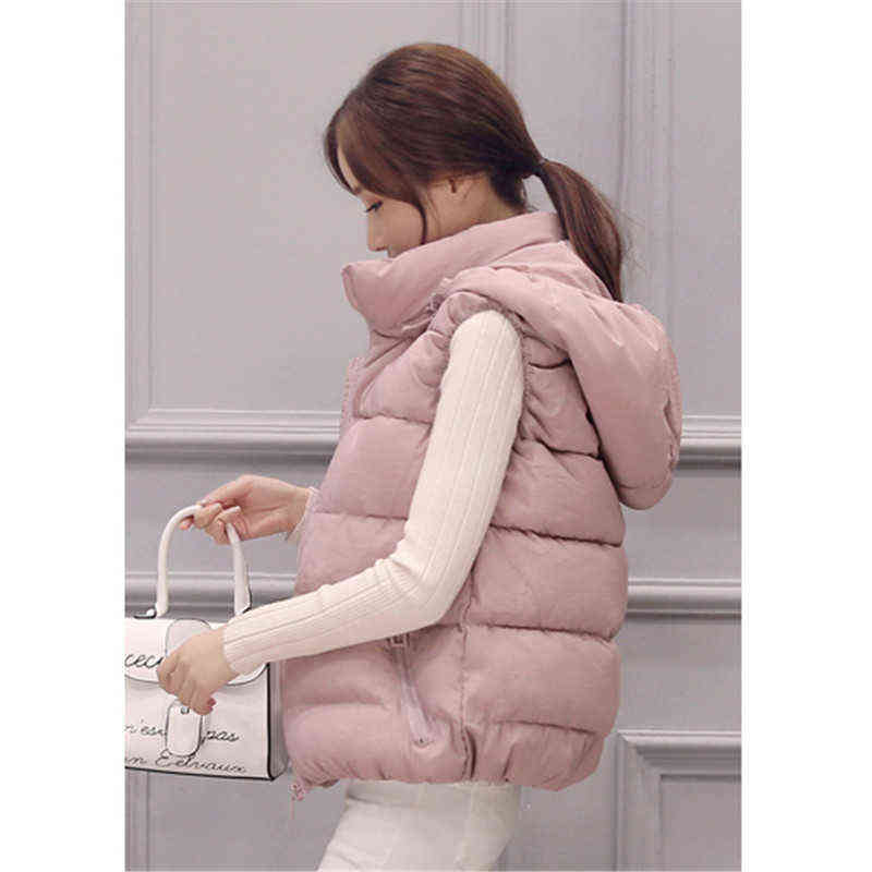 Autumn Winter Down Cotton Vest Women Short Slim Small Girls Students Hooded Sleeveless Coat Korean Chic Pink Outwear H702 211120