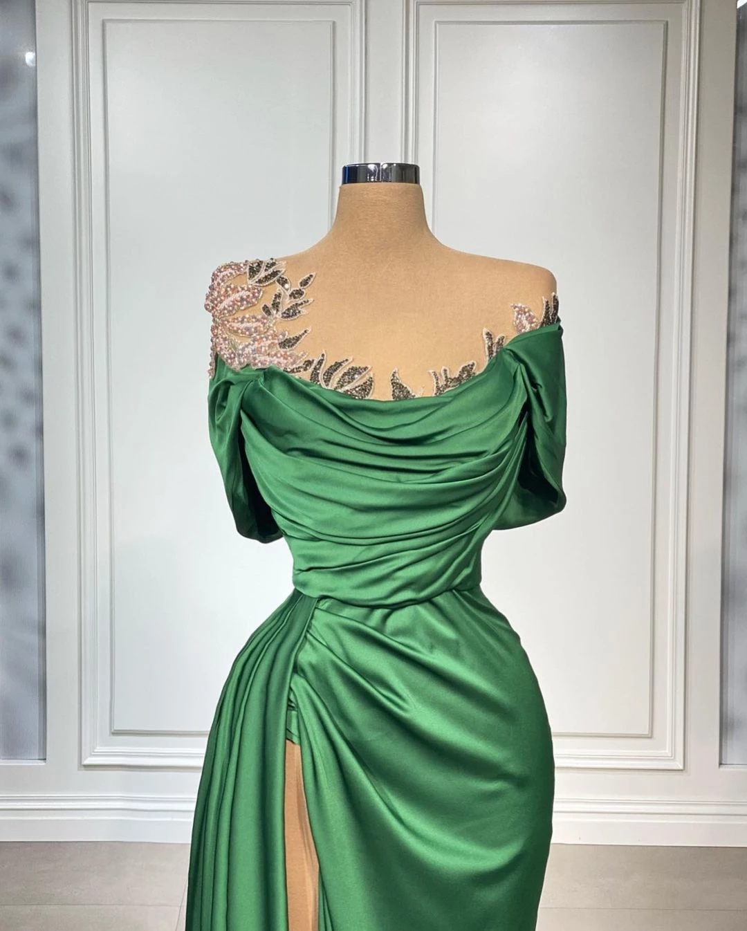 Emerald Green Beaded Evening Dress With High Side Split Satin Sheer O Neck Mermaid Prom Dresses Custom Made Formal Vestidos De Fiesta 322 Es Es Es es