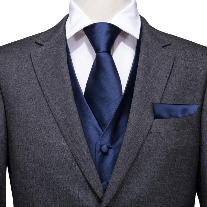 Bundles Deal Men's Vest Plain Blue Silk Wedding Business For Men Necktie Hanky Cufflinks Tie Set Suit Tuxedo Solid Vests