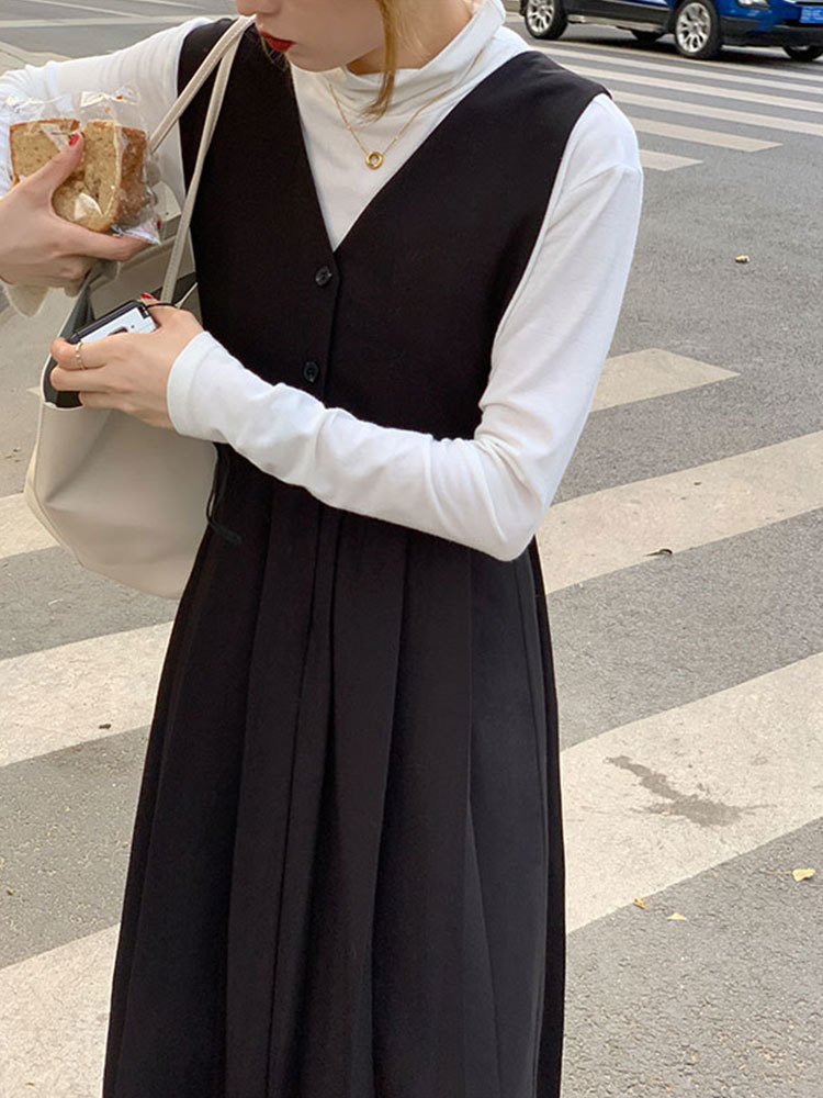 2colors long dress autumn Soild color loose spaghetti strap Sleeveless autumn dress womens pleated dresses (X1642) 210423