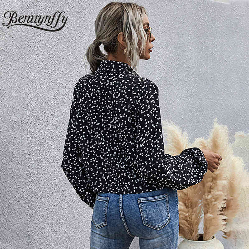 Casual Print Knot Hem Button Up Shirt Women Autumn Lapel Long Sleeve Female Blouses Fashion Streetwear Short Tops 210510