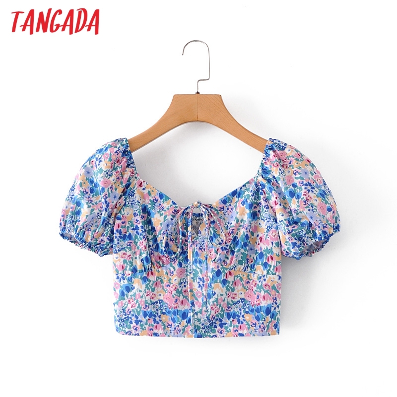 Women Retro Print Crop Short Sleeve Summer Chic Female Sexy Slim Shirt Tops 2M127 210416