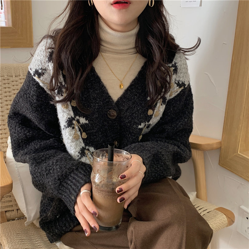 Women Feminine Vintage Office Lady Retro Oversize Warm Loose Knitted V-neck All-Match Slim Cardigans Sweaters 210421