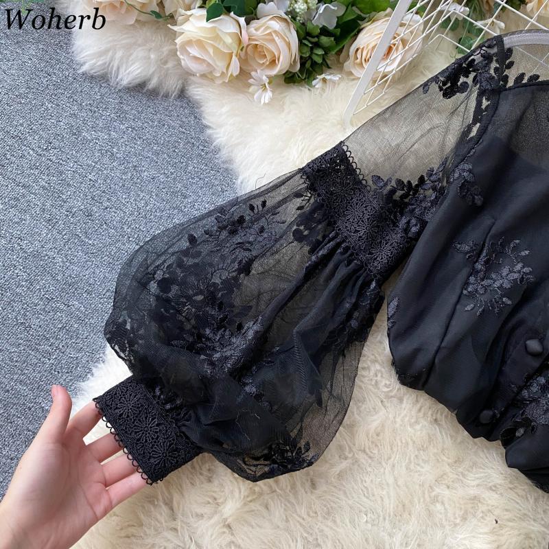 Korean Elegant Puff Long-sleeved Shirt Women Summer Floral Embroidery Blouse Womens Tops Casual Office Mesh Blusas 210519