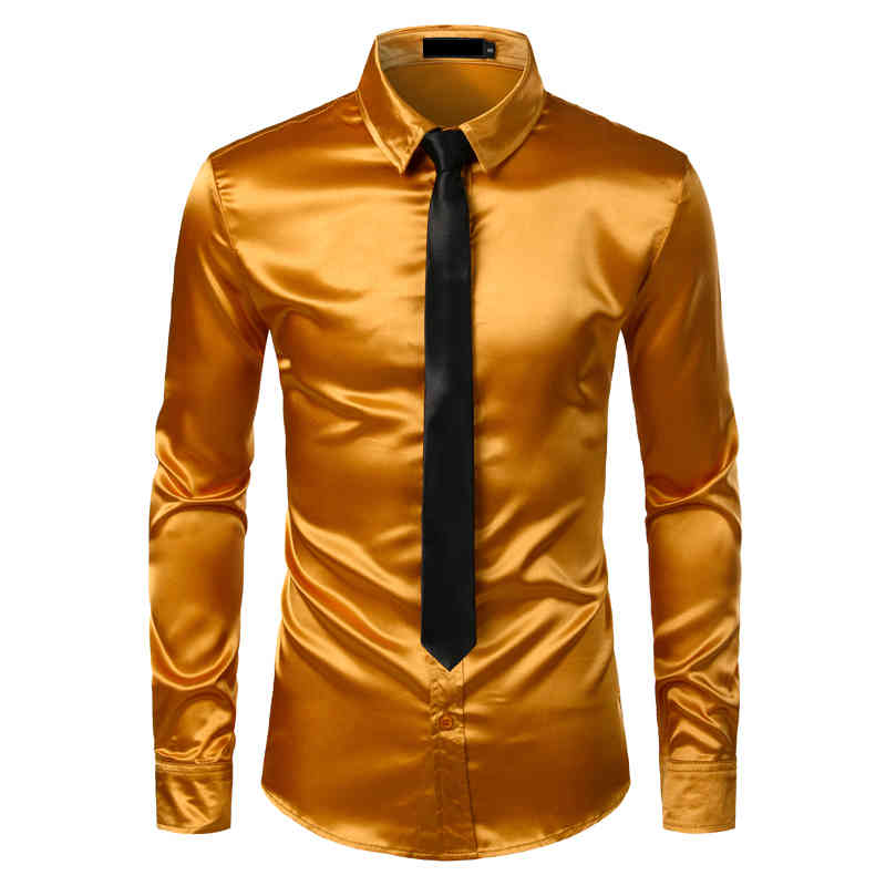 2pcs Silver Silk Shirt+Tie Mens Satin Smooth Tuxedo Shirts Casual Button Down Men Dress Shirts Wedding Party Prom Chemise Homme 210410