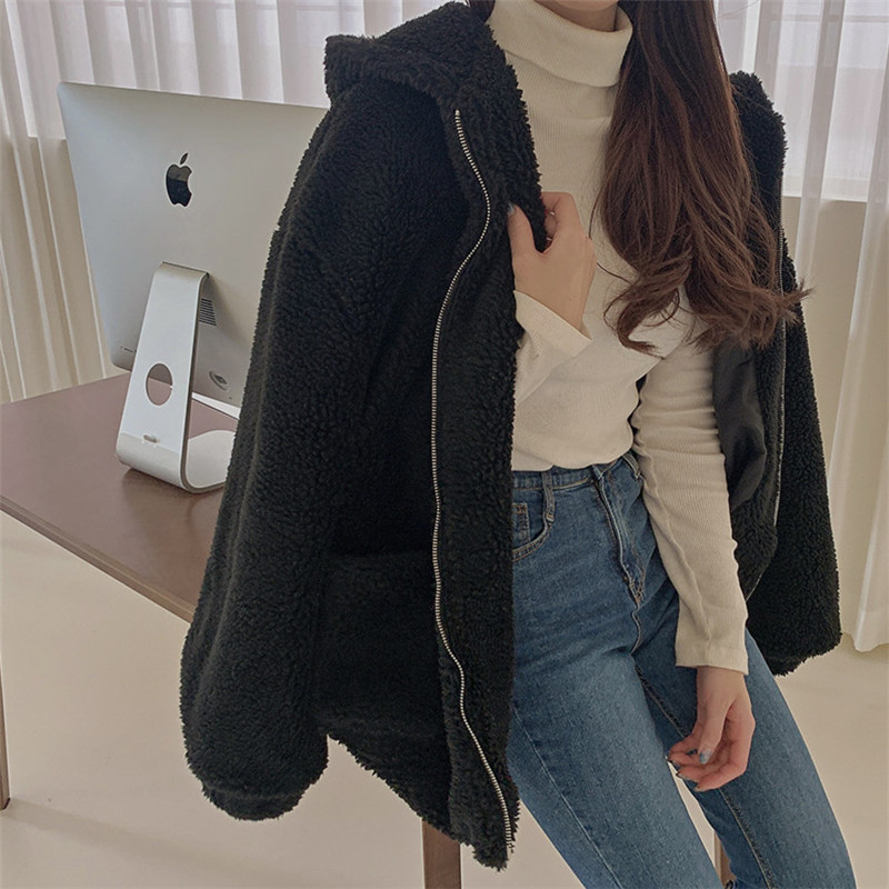 Autumn Winter OL Plus Size Casual Faux Lambwool Coat Women Hooded Fur Jacket Loose Solid Thick Warm Coats Female 210421