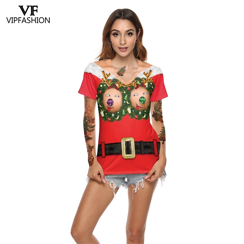 VIP FASHION Harajuku Summer Woman Funny Christmas Printed T-Shirts Women V-Neck Short Sleeve Casual 3D Party Top Tee Shirt 210406