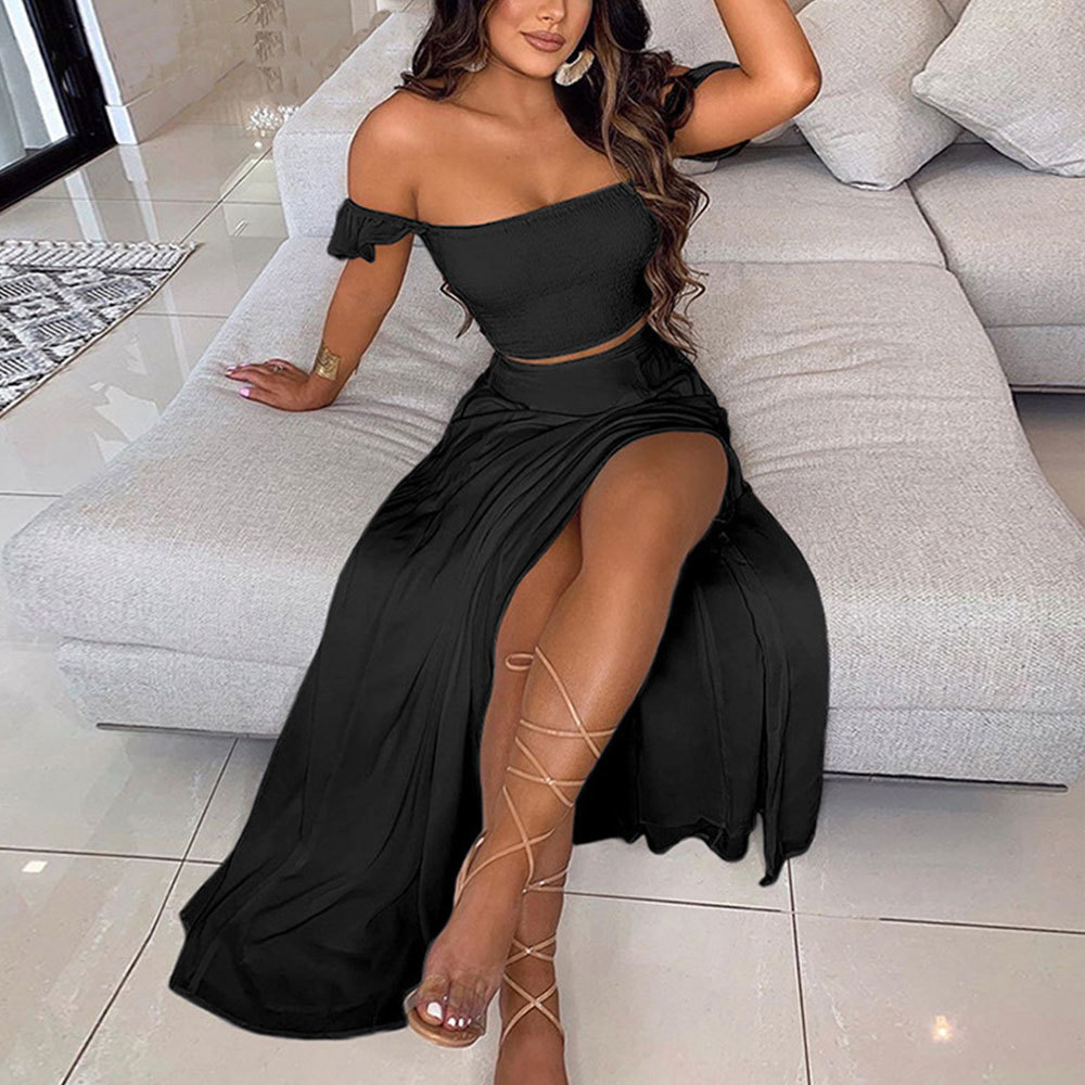 Women Summer Off-Shoulder Polkadot Print Tube Top And Chiffon Split Printing Tie Dye Long Skirt Two Piece Sets 210428