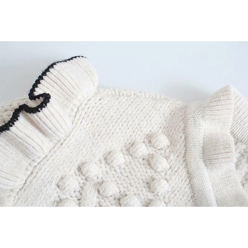 Elegant Women Bow Stand Collar Sweaters Fashion Ladies Ruffles Knitted Tops Sweet Female Chic Hollow Out Pullovers 210430