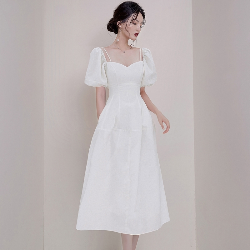Fashion Summer Dress Women's Temperament Ladies Puff Sleeve White Slim Long Vestidos 210520