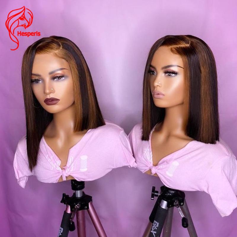 Lace Wigs Hesperis Brown Highlight Bob Human Hair Short Brazilian Remy Pu 5x5 Closure Cut For Black Women