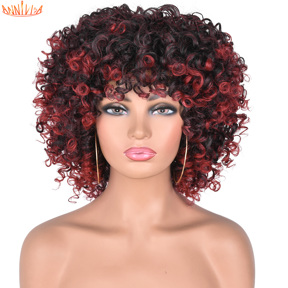 Short Hair Afro Kinky Curly Wigs With Bangs For Black Women Blonde Mixed Brown Synthetic Cosplay African Wigs Heat Resistantfactory direct