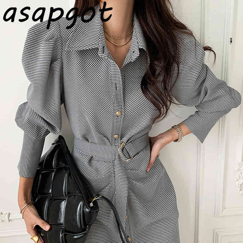 Chic Korean Temperament Office Lady Puff Long Sleeve Lapel Single Breasted Plaid Dress Women with Belt Pleated Retro Autumn 210429