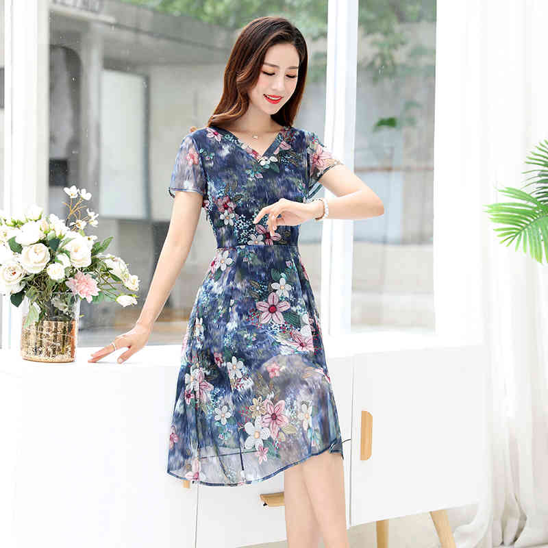 Middle-aged V Neck Women Dress Summer Chiffon Mid-Length Short-Sleeved Plus Size Printed elegant dress 821G 210420