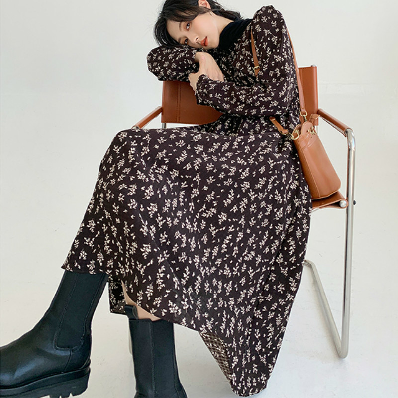 Women's O-Neck Floral Dresses Autumn Loose Slimming Mid-Length Full Sleeve Zipper Winter Bottoming Chiffon Dress Femee Vestidos 210514