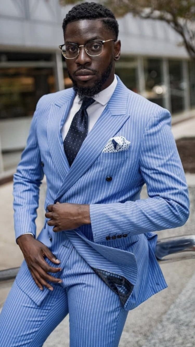 Two-Pieces Blue Stripe Men Business Suits Single Breasted Custom Made Slim Fit Groom Party Coat Tailored Work Wear