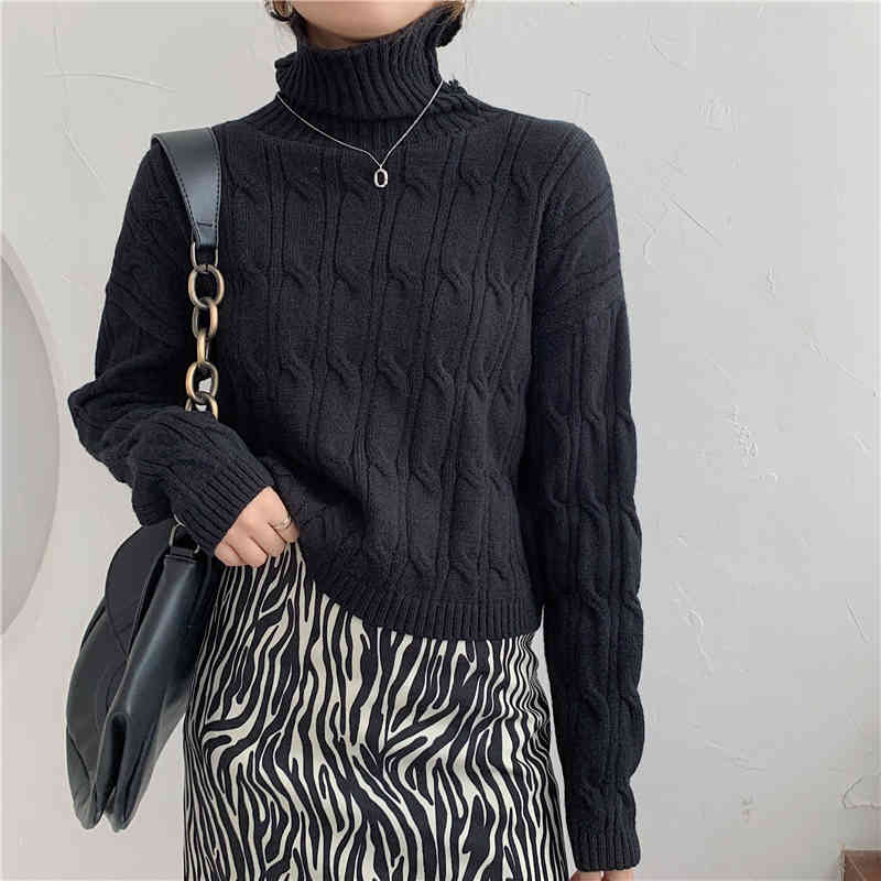 Autumn Winter OL Outwear Vintage Turtleneck Twist Sweater Women Short Tops Elegant Long Sleeve Knitted Sweaters 210421
