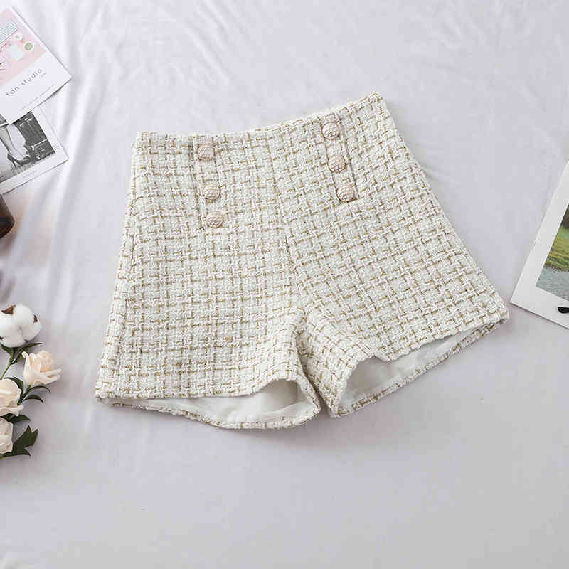 Plaid Shorts Women Outside Autumn Spring Double-breast Braided High Waist Wide Legs Black White Causal Womens 210428