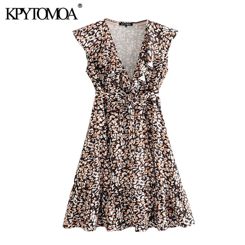 Women Chic Fashion Floral Print Ruffled Mini Dress Sleeveless With Belt Female Dresses Vestidos Mujer 210420