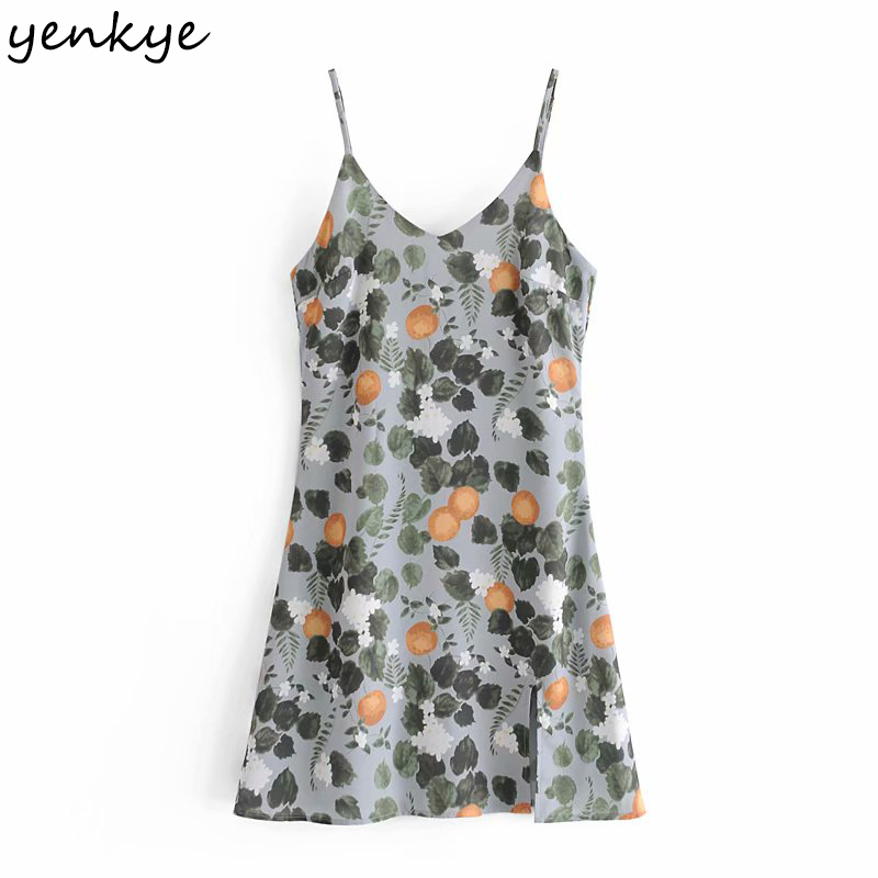 Vintage Lemon Leaves Print Sexy Sling Dress Women Sleeveless V Neck Hem Slits Mini Robe Holiday Summer Chiffon 210430
