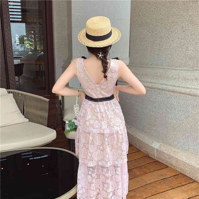Vintage Elegant Pink Rose Lace Hollow Out Summer Dress Women's Embroidery Party Dresses Vestido Midi Feminino 210520