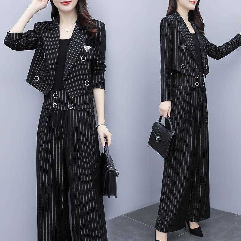 Fashion Vintage Casual Blazer Women's Office Slim Jacket Stripe High Waist Wide Leg Pants Suit 2 Piece Sets Female harajuku 210930