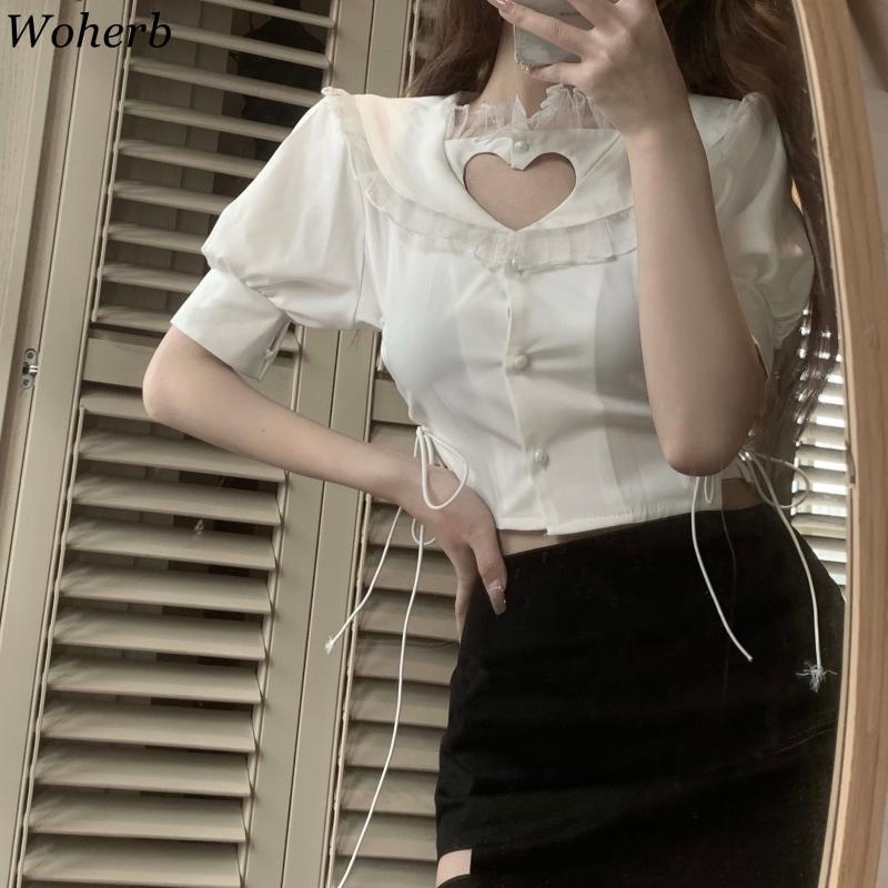 Heart Hollow Out White Blouse Women Sexy Slim Crop Top Shirt Lace Patch Bandage Blusas Korean Chic Summer Cute Tops 210519
