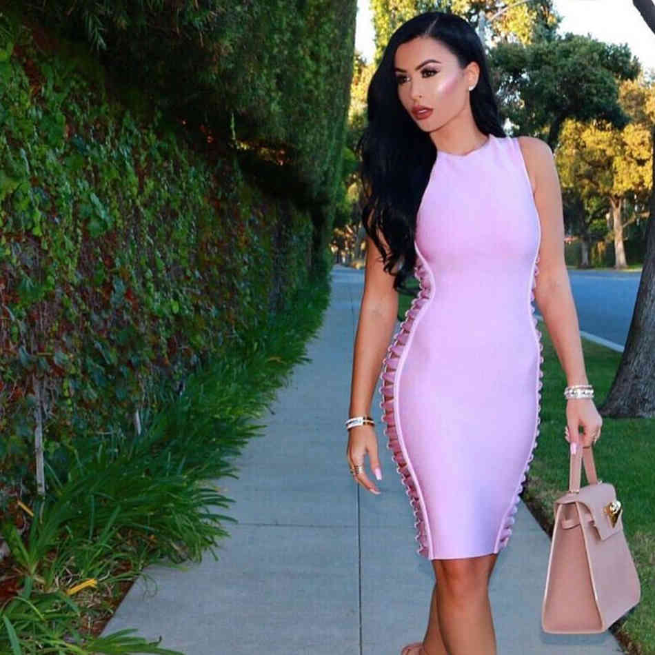 Aummer Women's Bandage Dress Celebrity Party Sexy Bodycon Round Neck Sleeveless Openwork Knee Vestidos 210525