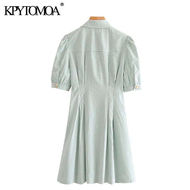 Women Chic Fashion Double Breasted Plaid Mini Dress Puff Sleeves Office Wear Female Dresses Vestidos Mujer 210420