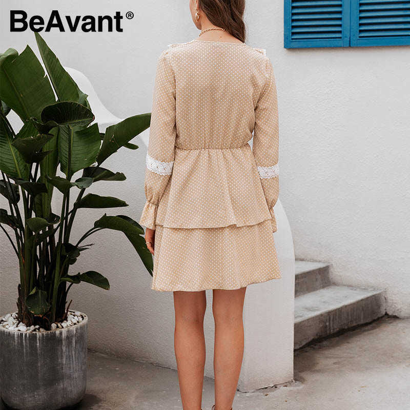BeAvant Elegant vintage women work dress Fashion long sleeve solid dot lace mini dress Casual slim ladies holiday beach dress 210709