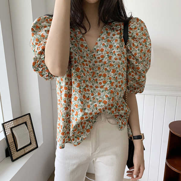 Korejpaa Women Shirt Summer Korea Chic Fresh Sweet Thin V-Neck Loose Casual All-Match Puff Sleeve Full Screen Flower Blouse 210526