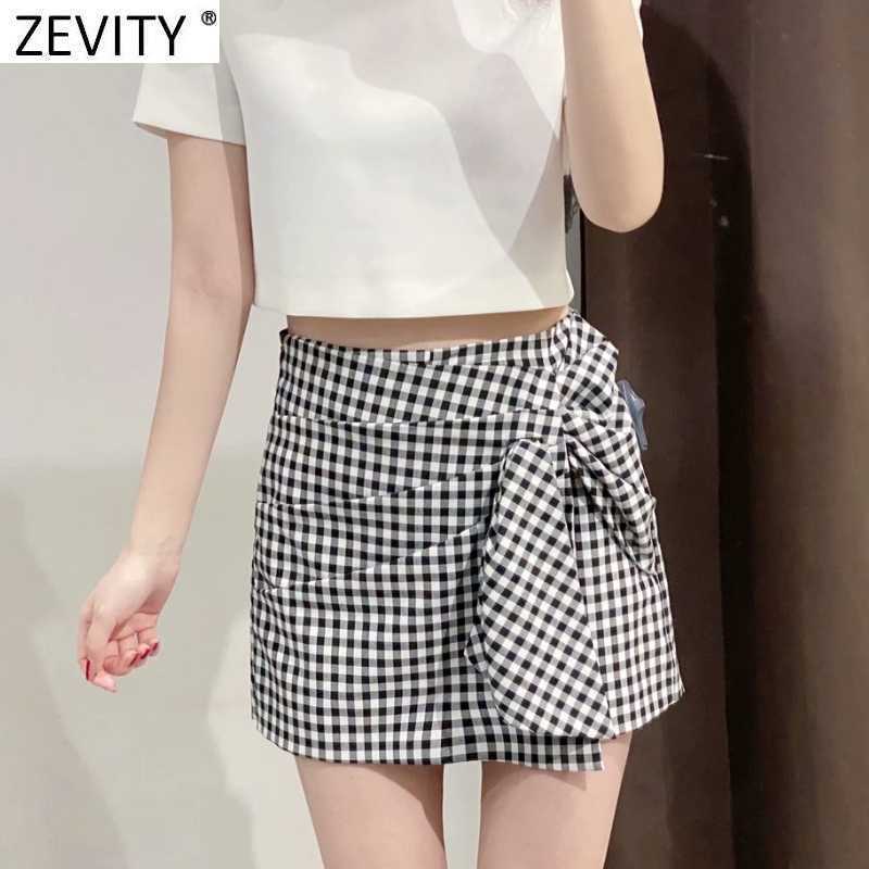 Zevity Women Vintage Plaid Print Bow Tied Casual Slim Bermuda Shorts Female Chic Side Zipper Summer Pantalone Cortos P1087 210714