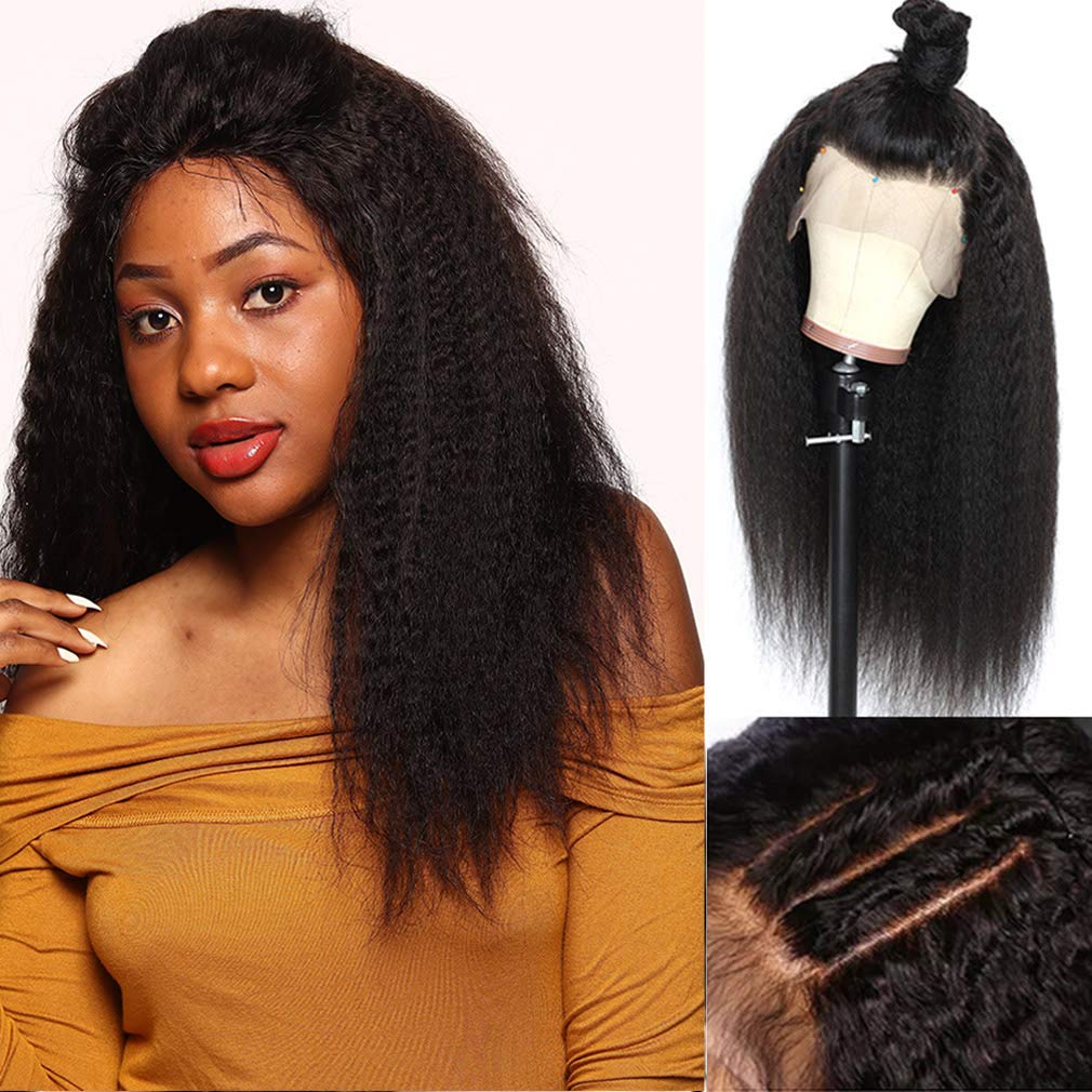 HD Invisible Frontal Human Hair Wigs Kinky Straight 13x4 Transparent Lace Front Human-Hair Wig 200 Density Glueless Pre Plucked Full and Thick 16 Inch