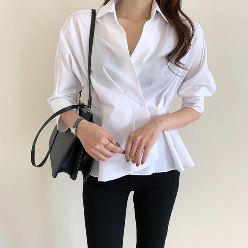 Office Lady Minimalist Loose Solid Basic Shirt Women Autumn Work Wear Lapel Long Sleeve Blouses Blusas Femme 210421