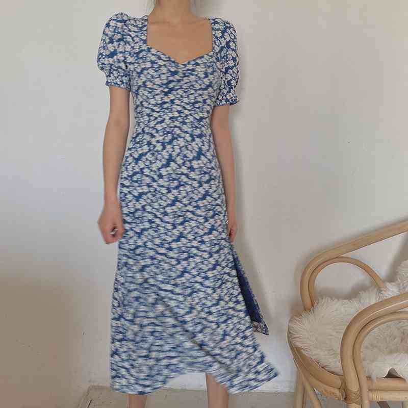 Chic Casual Puff Sleeve Women Maxi Dresses Plus Size V Neck Split Floral Dress Summer A-Line Ladies Robe Blue Vestidos 210521