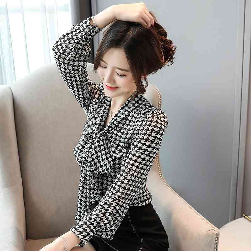 blouses woman blusas mujer de moda ladies tops Office Lady Bow Plaid long sleeve chiffon shirts blusa mujer elegante 6436 50 210417
