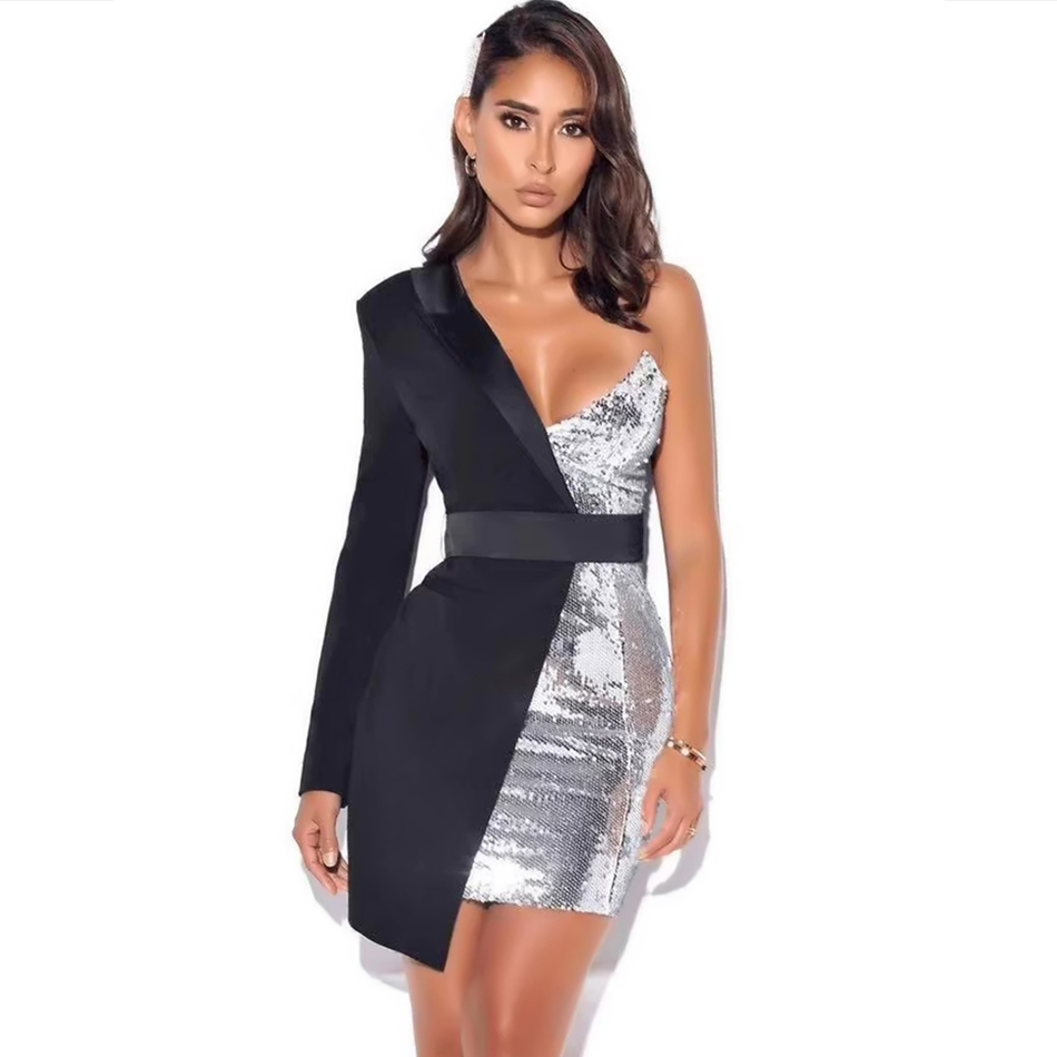 Summer Women Red Sequins Dress Sexy One Shoulder Long Sleeve Mini Bodycon Celebrity Runway Club Party Dresses Vestidos 210423