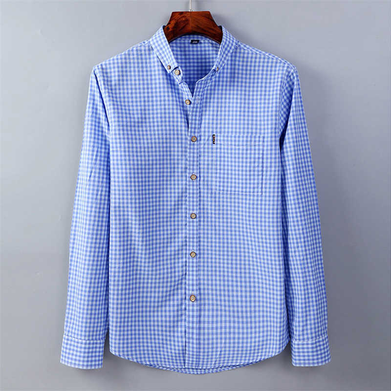 Thin 100% Cotton Plaid Shirts for Men Long Sleeve Regular Fit Checkered Dress shirt Mens Blue Soft Comfortable Male 210714