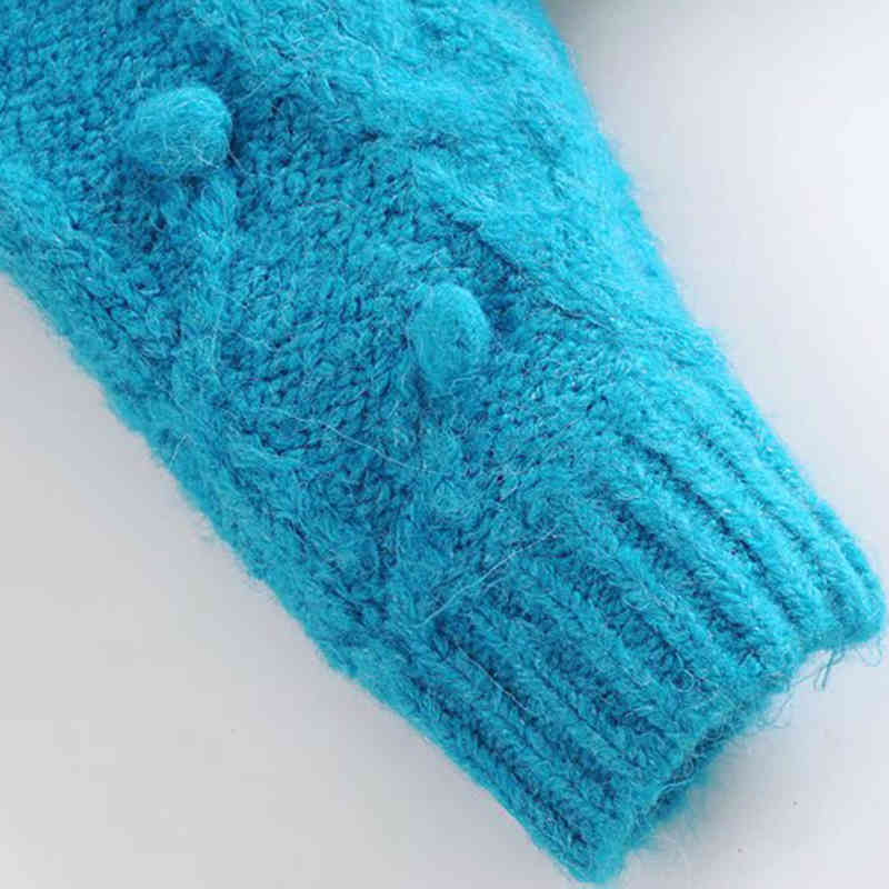 Costume Jewelry Pearl Button Twisted Ball Knit Jacket Fashion Sky Blue Chic Lady Elegant Sweater Cardigan 210521