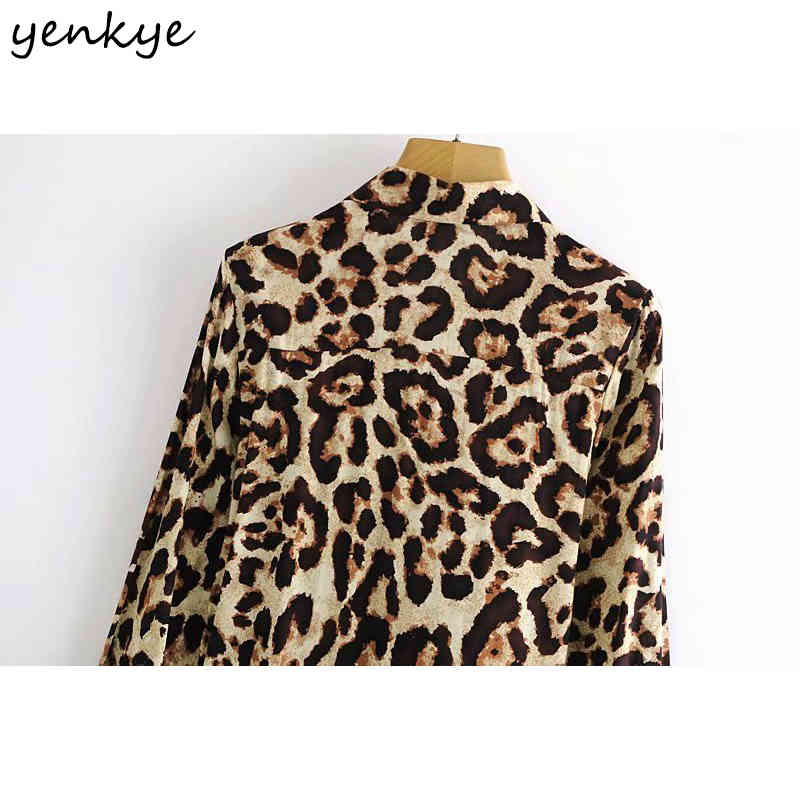 YENKYE Fashion Women Front knot Sexy Leopard Dress Female Lapel Collar Long Sleeve Casual Dress Spring Plus Size Mini Robe 210515