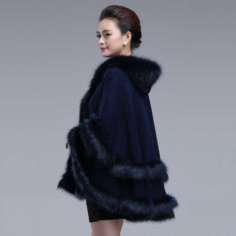 EuropeStyle Fashion Double Fur Coat Cape Hooded Knit Cashmere Cloak Cardigan Outwear Plus Size Women Winter Shawl 1.1kg 210928