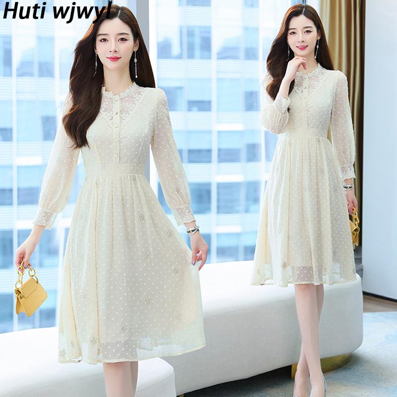 Casual Dresses 2021 Elegant White Chiffon Lace Hollow Out Sexy Dress Spring Autumn Korean Bodycon Midi Vestido Women Vintage Party, Black;gray 
Casual Dresses 2021 Elegant White Chiffon Lace Hollow Out Sexy Dress Spring Autumn Korean Bodycon Midi Vestido Women Vintage Party, Black;gray