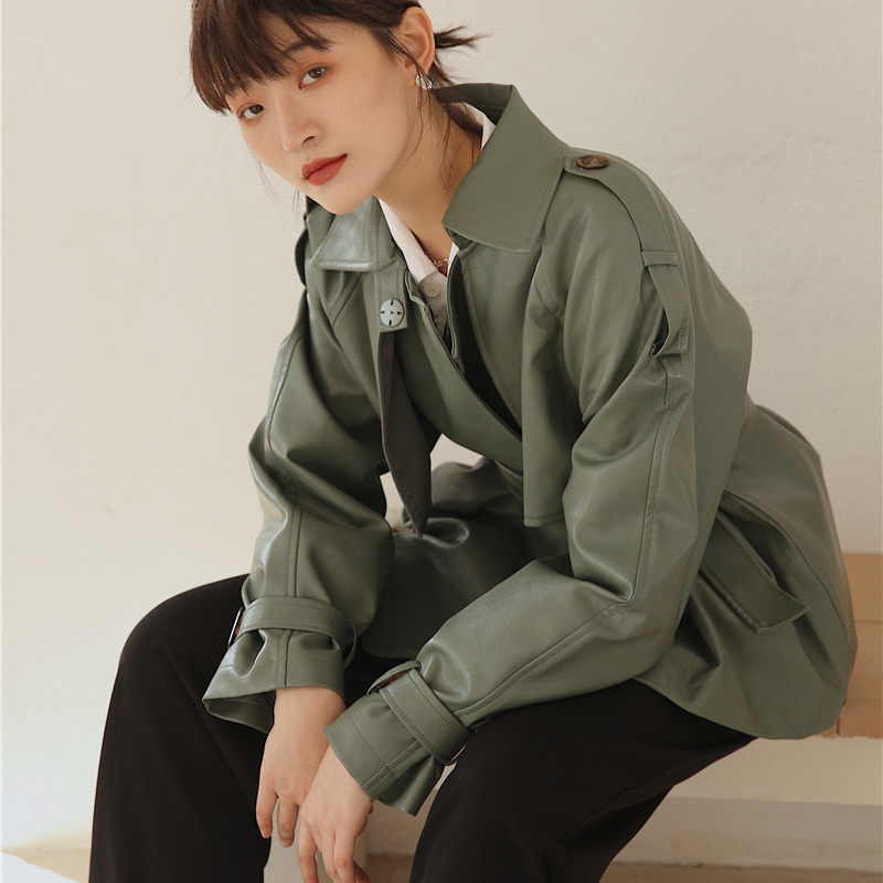 Harajuku Matcha-green Women Retro Motorcycle PU Leather Plus Vintage Lace-Up Jackets Chic All-Match Female Outwear 210421