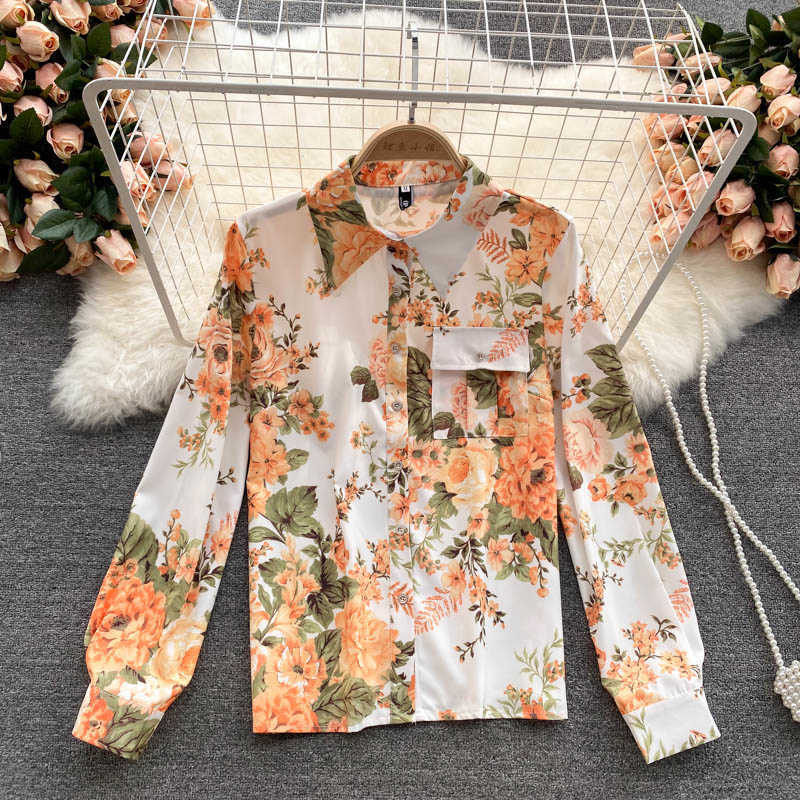 DEAT Women Lapel Long Sleeve Printing Shirt Shorts Arrivals Two Piece Set Temperament Fashion Spring Summer 11D1561 210709