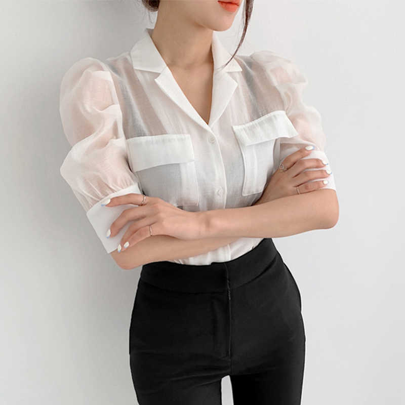 Korejpaa Women Shirt Summer Korean Chic Simple Temperament Lapel Double Pocket Loose Micro-Transparent Puff Sleeve Blouses 210526
