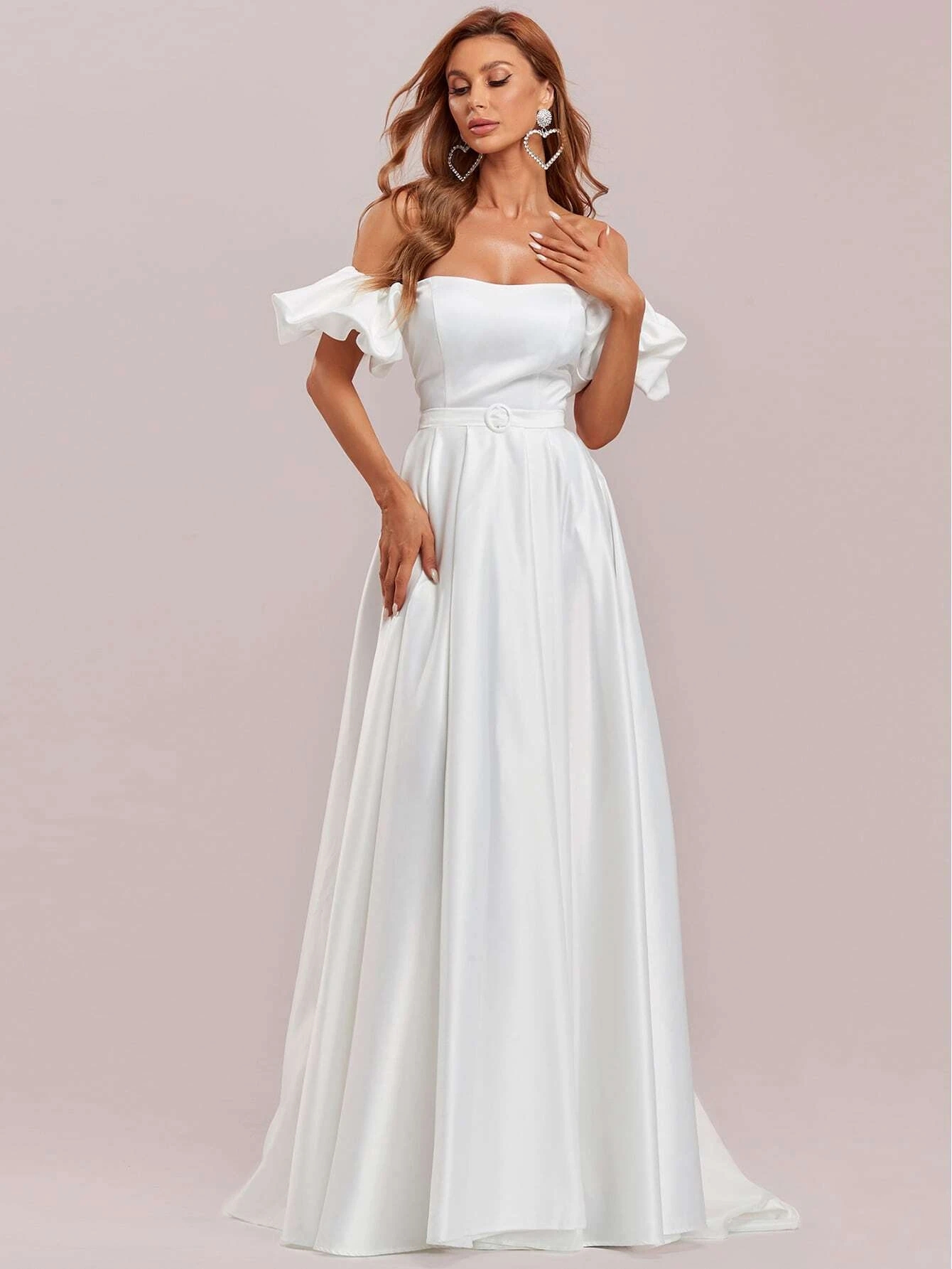 Bridal Gown Plus Size 2022 A-line Satin Wedding Dresses Off Shoulder Puff Sleeve Buckled Belted vestidos de noiva