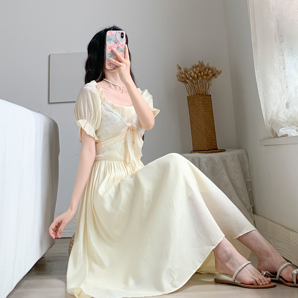 Women Dress Summer Elegant Korean Sweet Girls Bowknot Female Puff Sleeve High Waist Slim Party Vestido De Mujer 210519